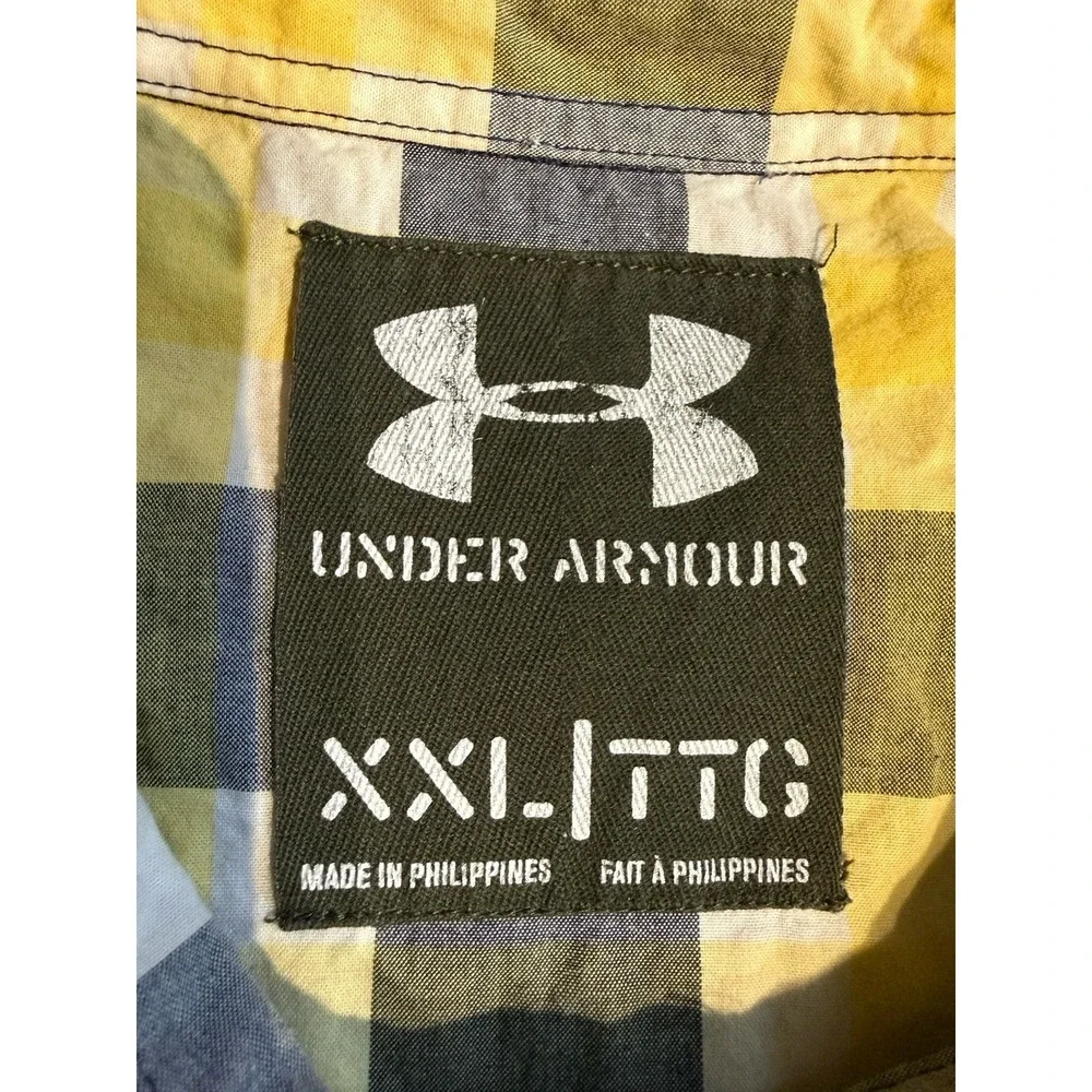 Under‎ Armour Shirt Men XXL Plaid Yellow Navy Short Sleeve Cotton